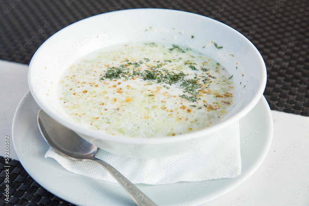 Bulgarian cold soup, Tarator on the table