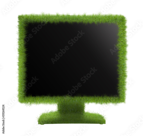 Concept of eco-friendly monitor. Monitor or TV grassy.