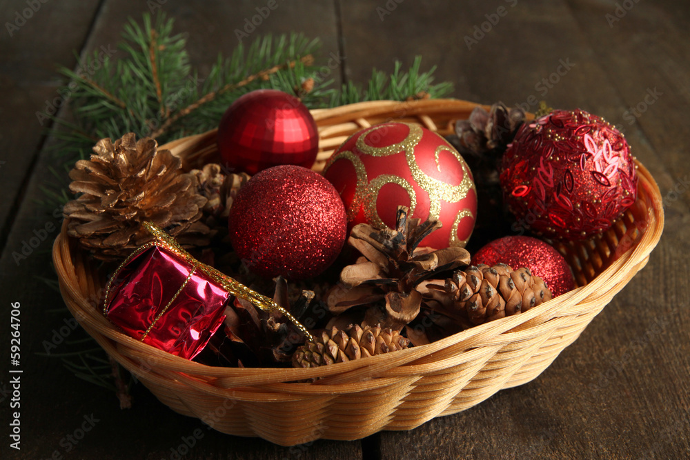 Christmas decorations in basket and spruce branches Christmas decorations in basket and spruce branches