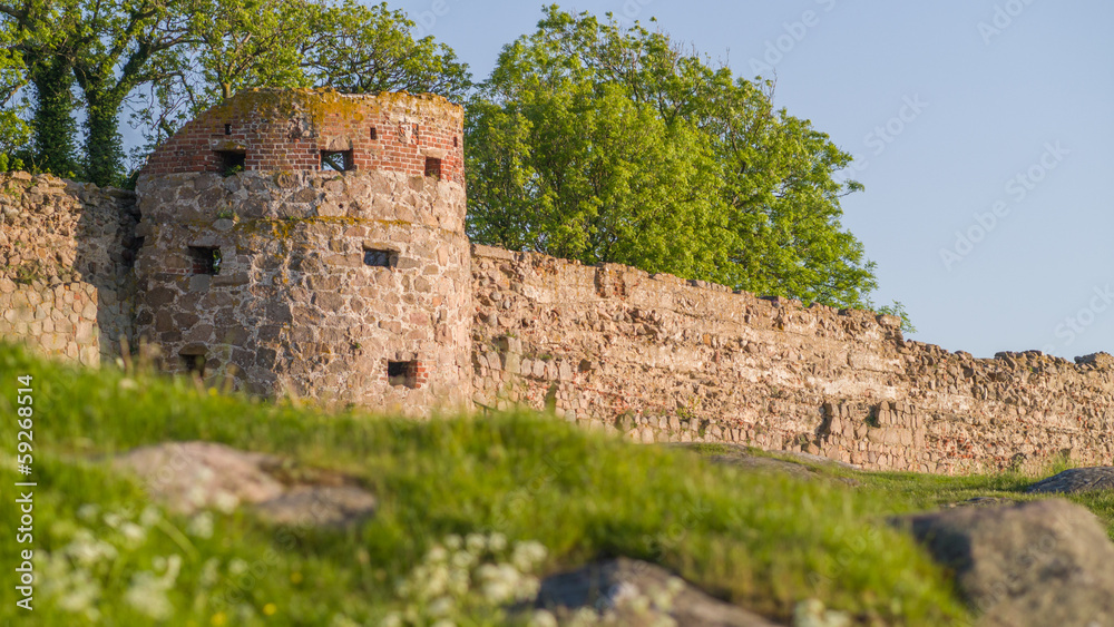 Medeival castle ruins in evening sunlight