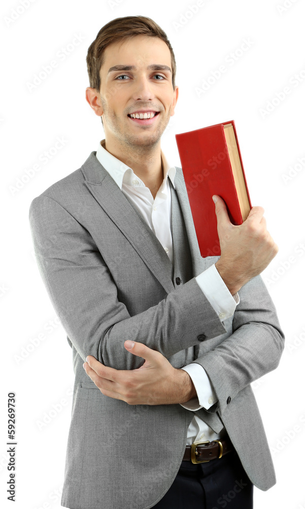 Young teacher with book isolated on white Young teacher with book isolated on white