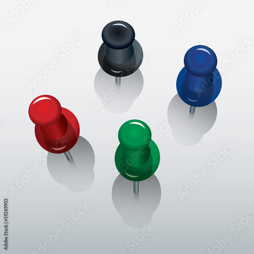 four colorful push pin with shadows