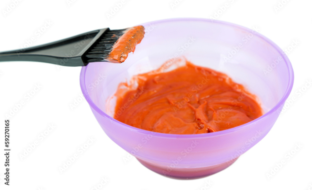 Bowl with hair dye and brush for hair coloring, isolated Bowl with hair dye and brush for hair coloring, isolated