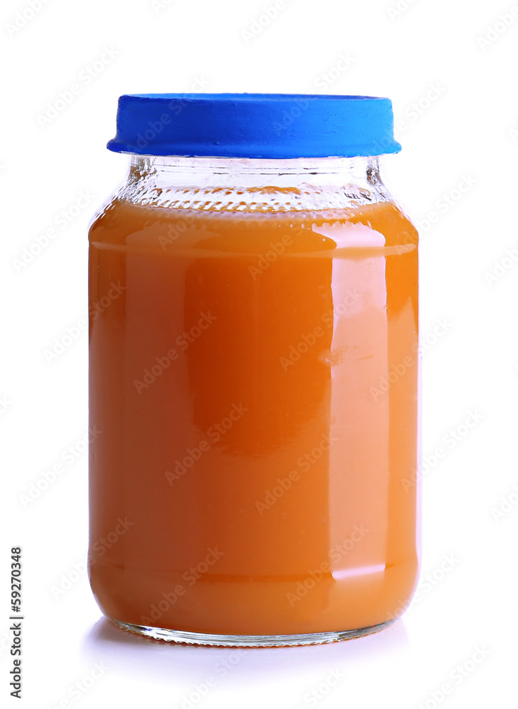 Baby food in glass jar, isolated on white Baby food in glass jar, isolated on white