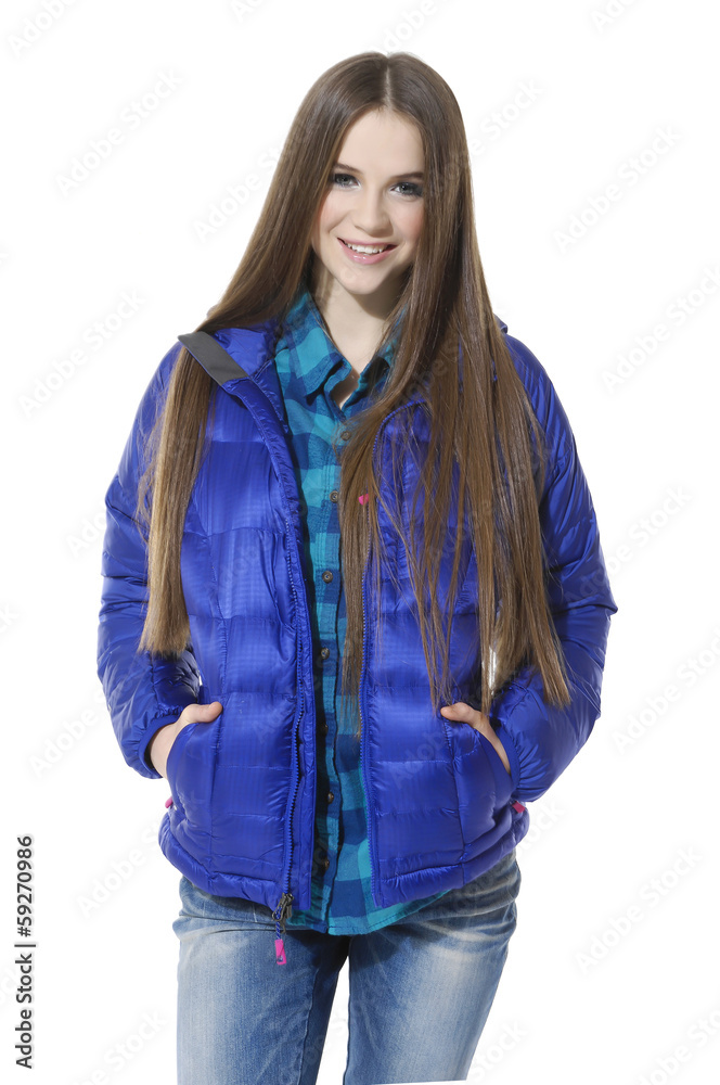 Smiling female young girl wear jeans posing Smiling female young girl wear jeans posing