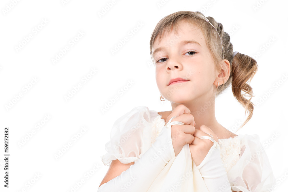 closeup portrait of pretty little princess posing over white bg closeup portrait of pretty little princess posing over white bg