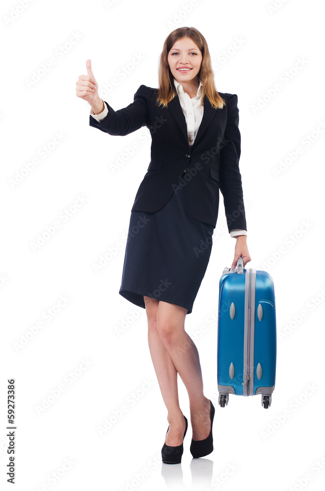 Woman preparing for vacation with suitcase on white Woman preparing for vacation with suitcase on white