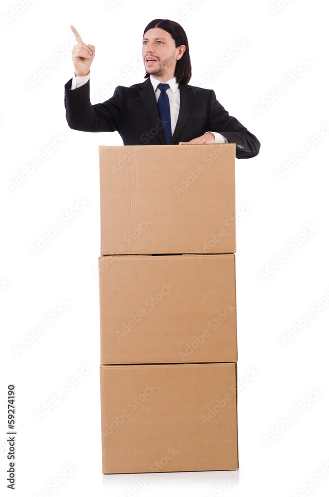 Funny man with boxes on white Funny man with boxes on white