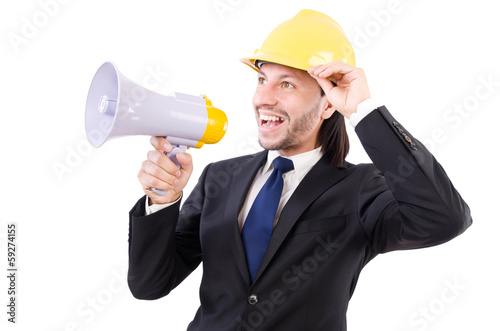 Man with helmet and loudspeaker on white © Elnur