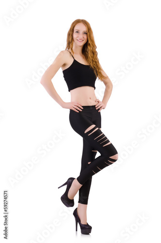 Girl with torn leggings on white