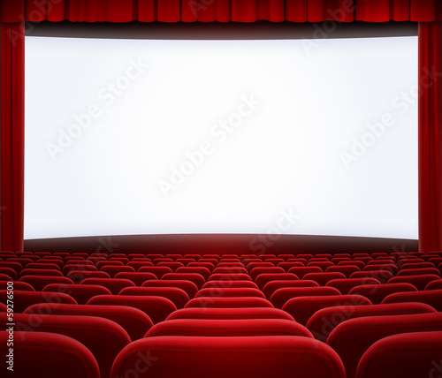 cinema big screen with red curtain frame and seats