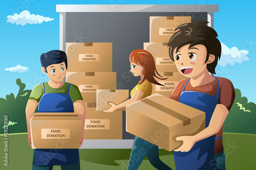 Team of volunteer working at food donation center