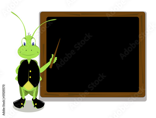 Mr. Cricket and a blackboard