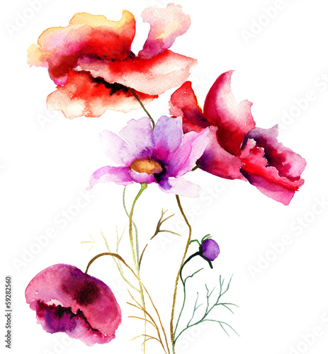 Naklejka na ścianę Akwarela ilustracja z kwiatami