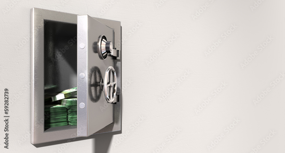Open Safe On Wall With Australian Dollars Open Safe On Wall With Australian Dollars