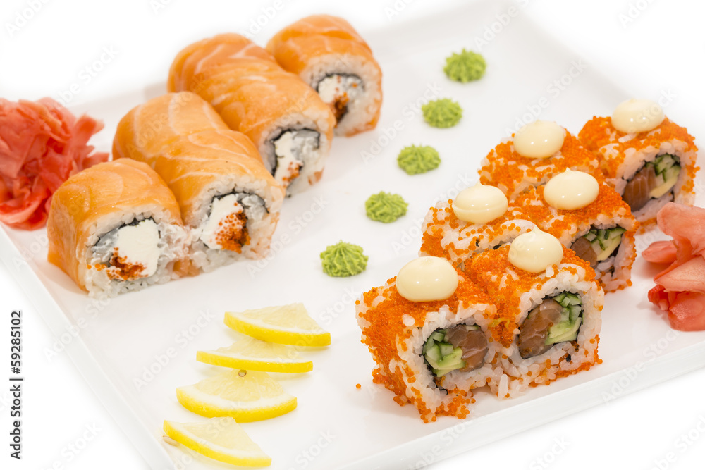 Japanese sushi seafood on a white background Japanese sushi seafood on a white background