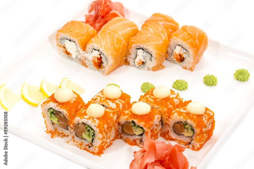 Japanese sushi seafood on a white background Japanese sushi seafood on a white background