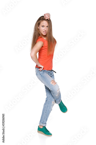 Woman hip hop dancer over white background
