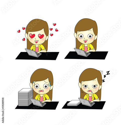 set of businesswoman work on laptop in different emotion