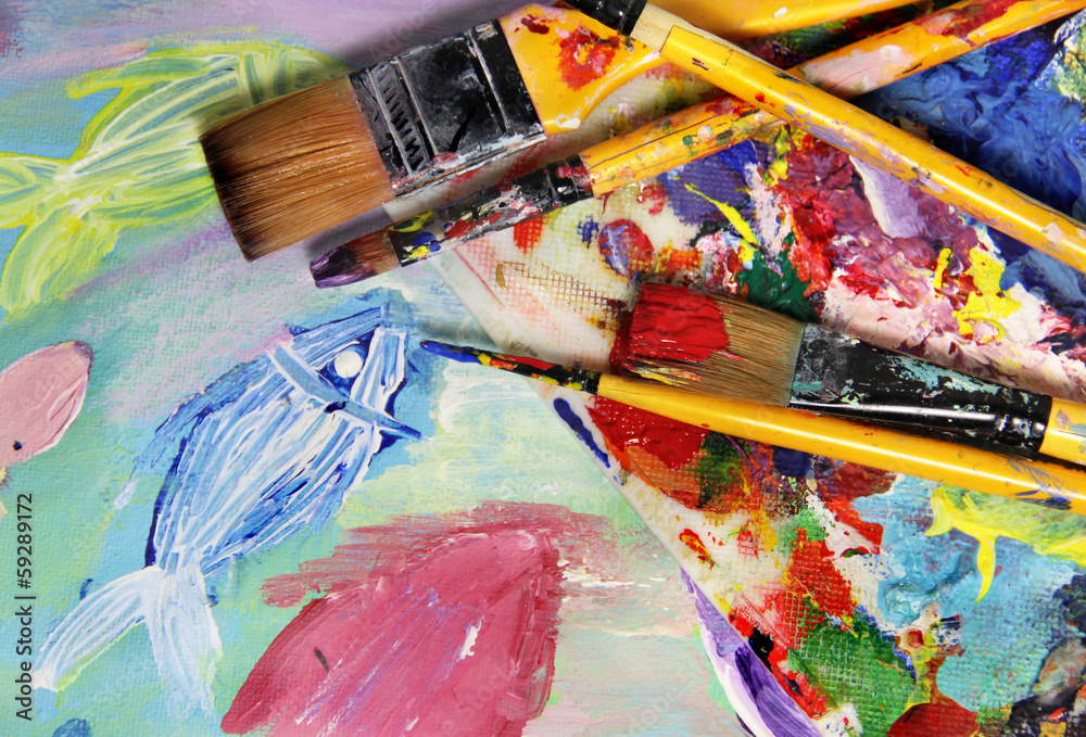 Obraz premium Art palette, picture and mix of paintbrushes
