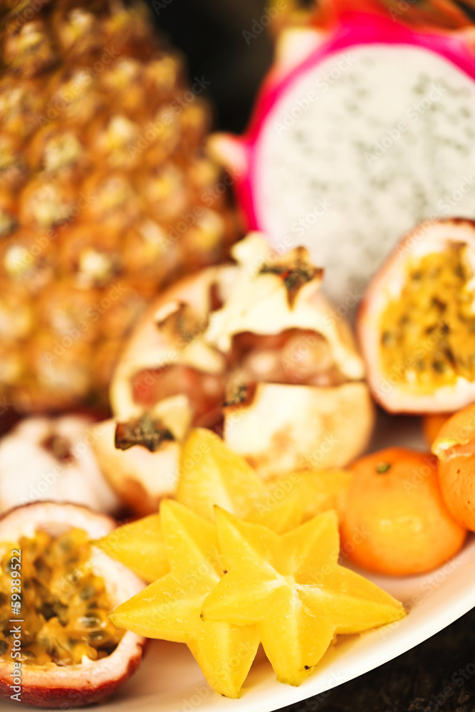 Exotic fruits on a white background.