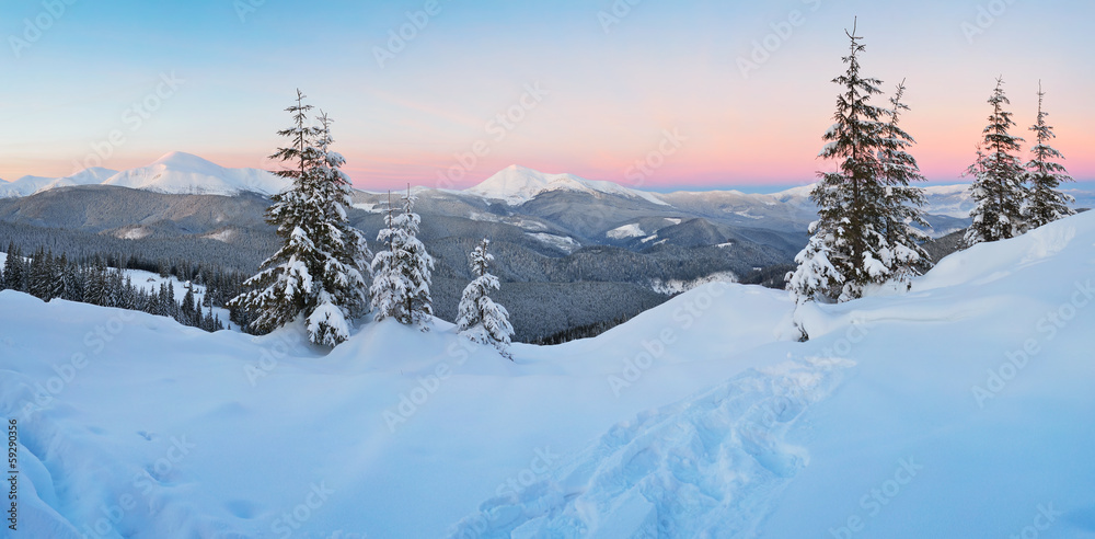 Sunrise in the mountains in winter
