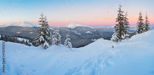 Sunrise in the mountains in winter