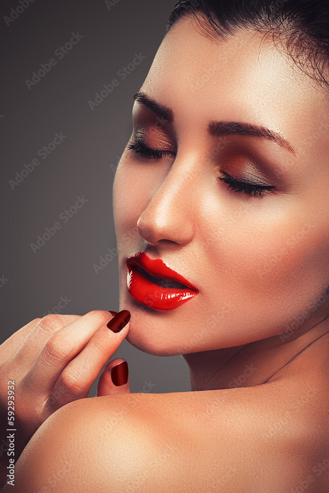 Beautiful portrait sensual young woman glamour red lips make-up Beautiful portrait sensual young woman glamour red lips make-up