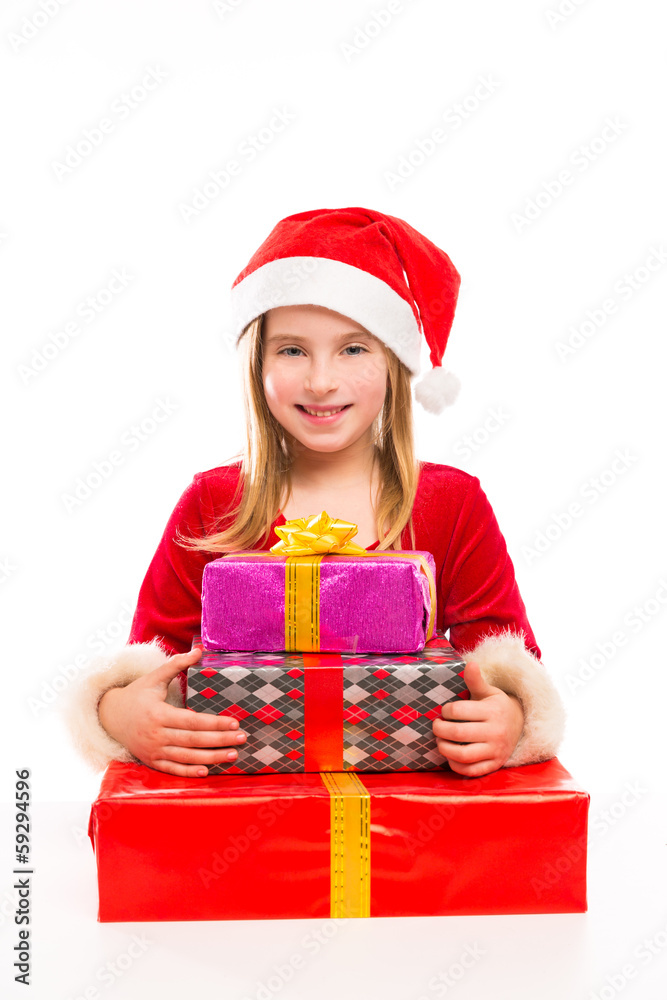 Christmas Santa kid girl happy excited with ribbon gifts Christmas Santa kid girl happy excited with ribbon gifts