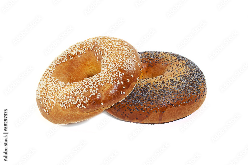 Two bagels with sesame and poppy seeds