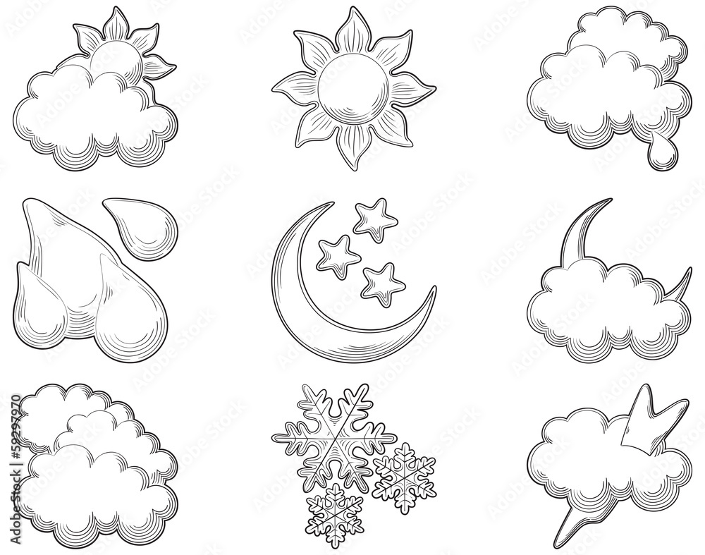 vector set of icons for weather at engraving style vector set of icons for weather at engraving style