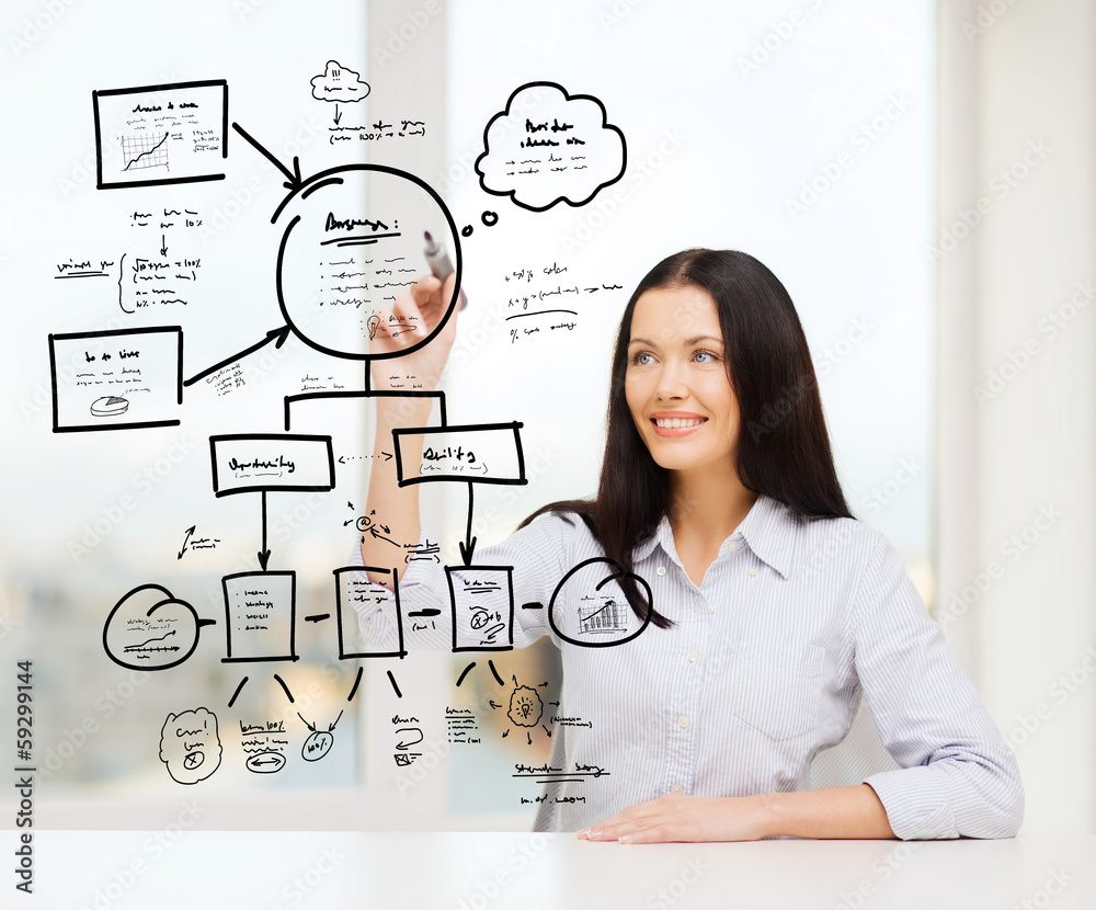 smiling woman writing on virtual screen smiling woman writing on virtual screen