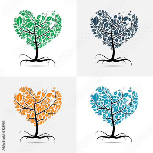 Vector heart shaped tree with roots set