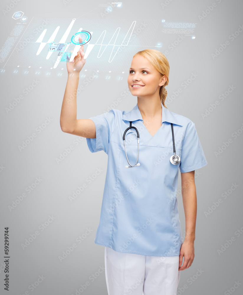 smiling doctor or nurse pointing to cardiogram smiling doctor or nurse pointing to cardiogram
