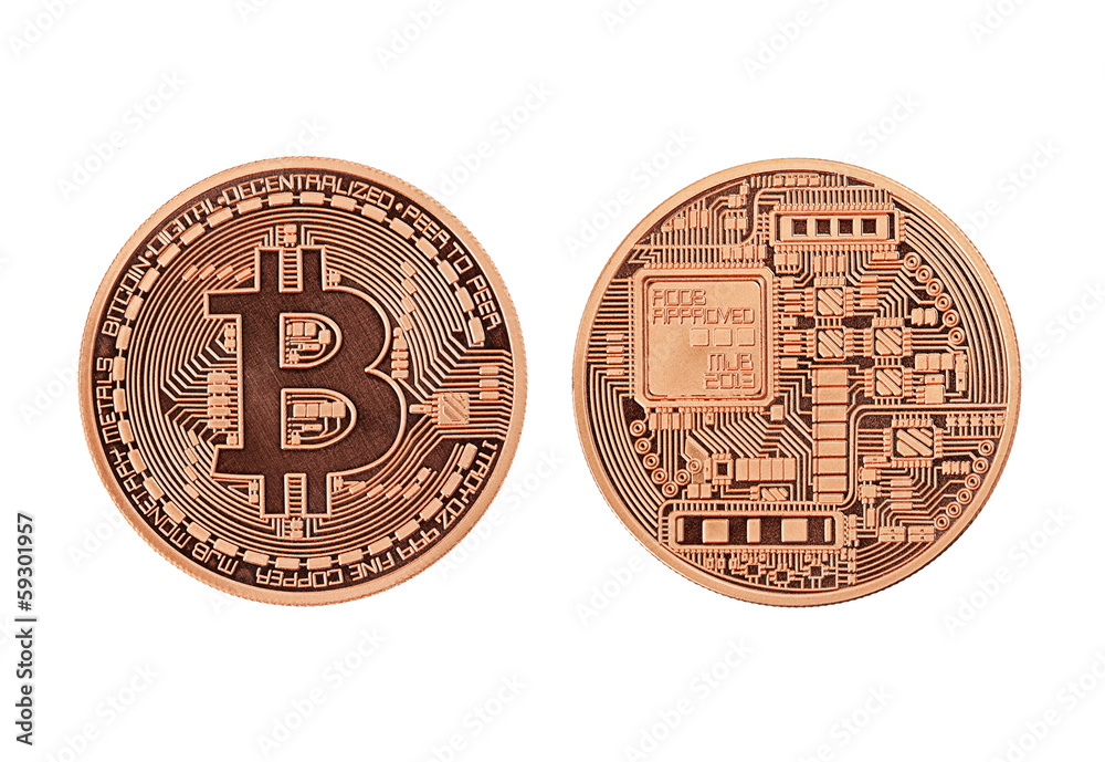 Golden Bitcoins (front and back view) isolated on white Golden Bitcoins (front and back view) isolated on white