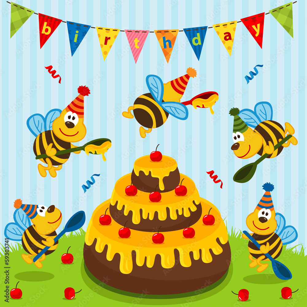 birthday bees - vector  illustration - obrazy, fototapety, plakaty 