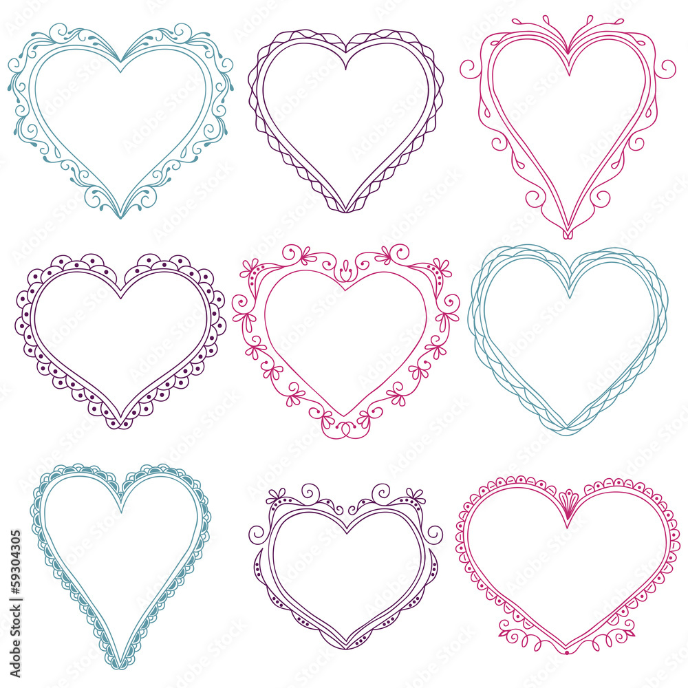 Set of hand-drawn doodle heart frames
