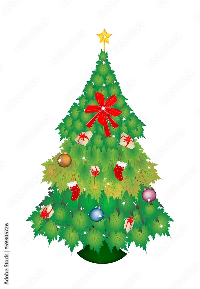 Christmas Tree of Green Maple Leaves with Christmas Ornament Christmas Tree of Green Maple Leaves with Christmas Ornament
