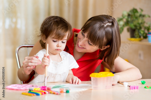 cute mother and child painting together
