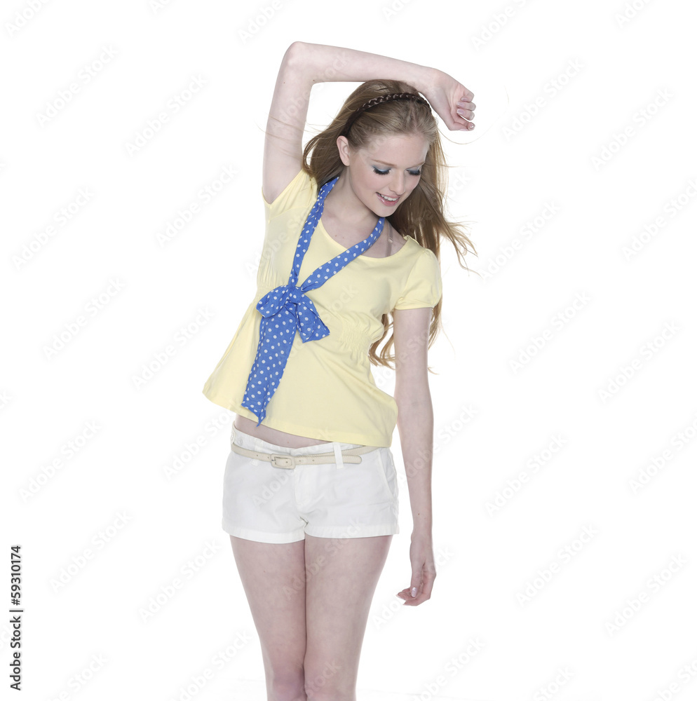 female young model wearing short white pants female young model wearing short white pants