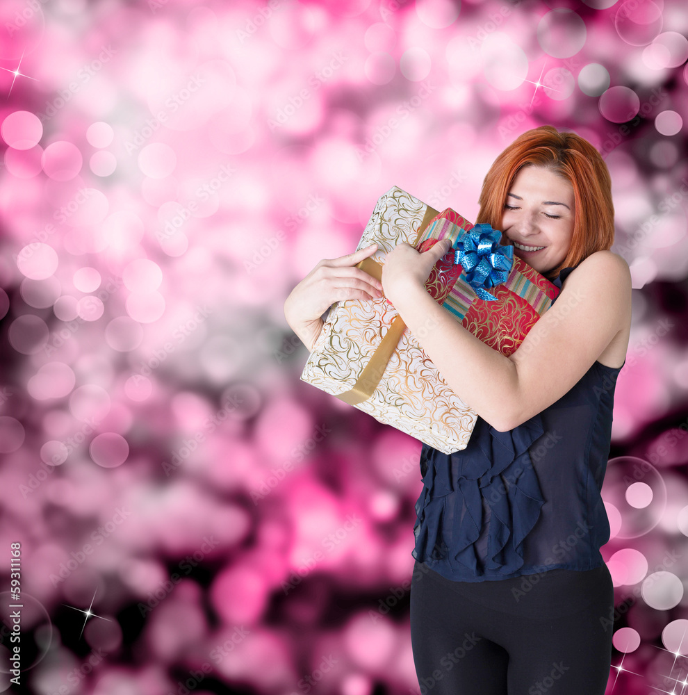 Happy smiling red-haired woman with holidays boxes gifts Happy smiling red-haired woman with holidays boxes gifts