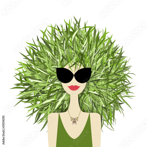 Female face with green grass hairstyle for your design