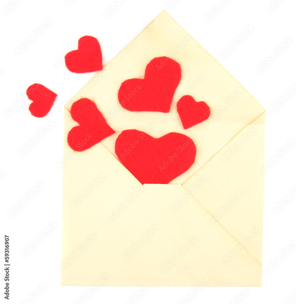 Beautiful old envelope with decorative hearts, isolated on