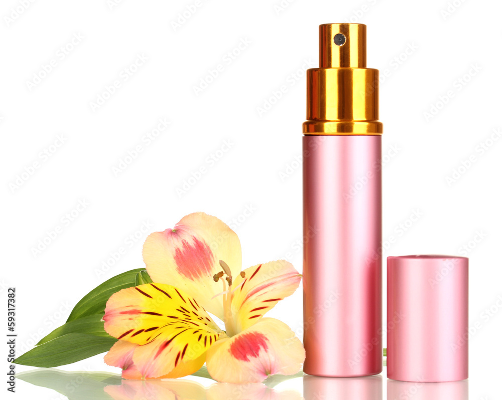 Women's perfume in beautiful bottle with flower isolated Women's perfume in beautiful bottle with flower isolated