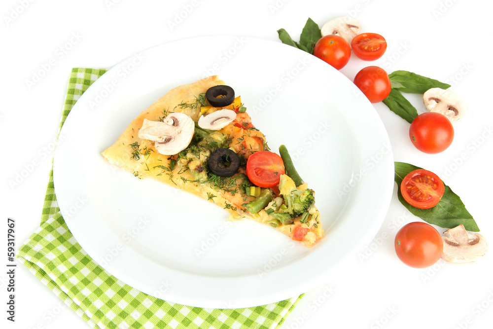 Slice of tasty vegetarian pizza and vegetables