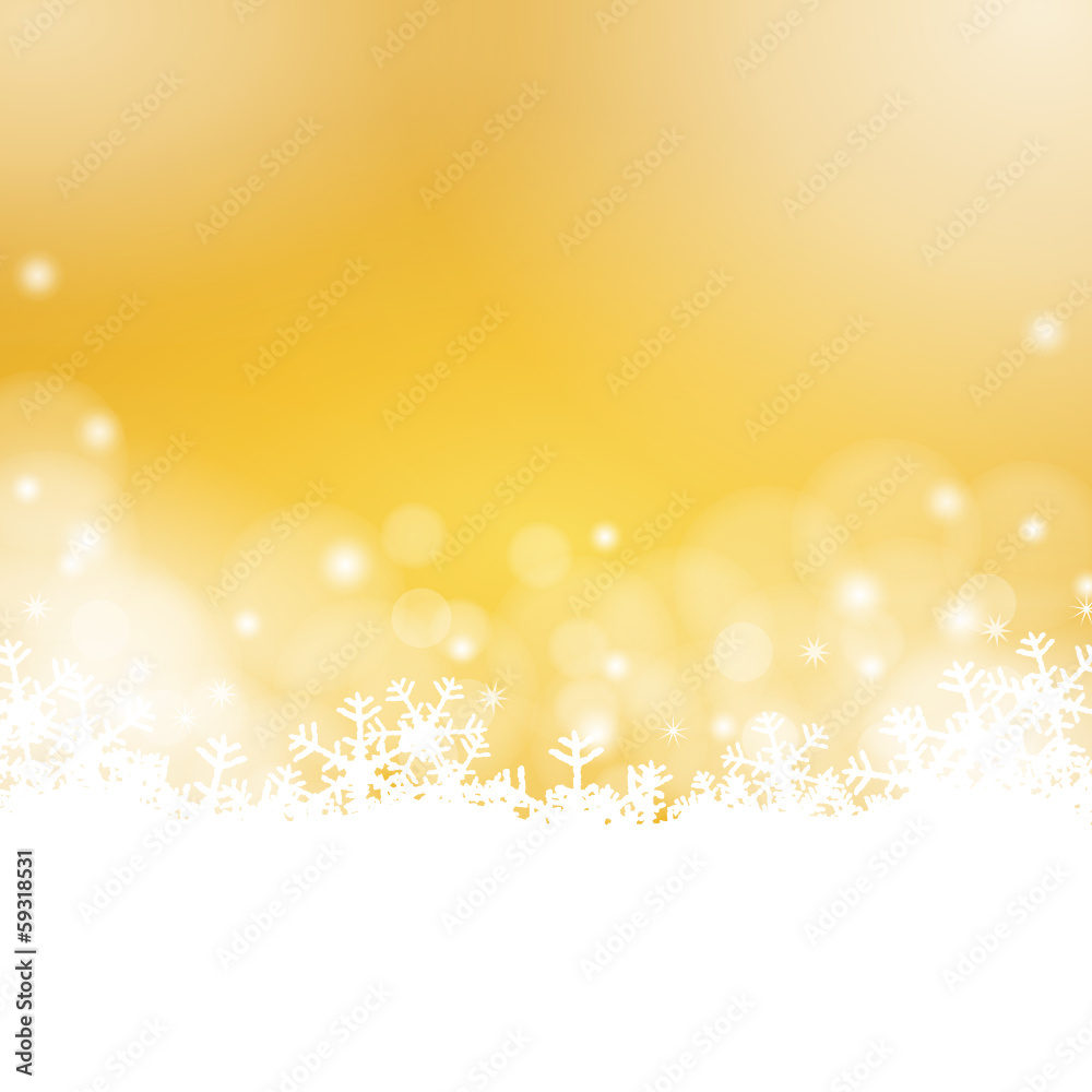 golden winter background - snowflakes and lights