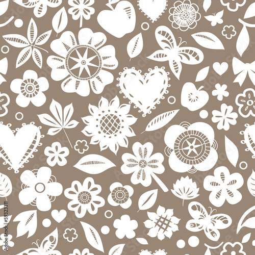 White flowers butterflies and hearts on grey seamless pattern