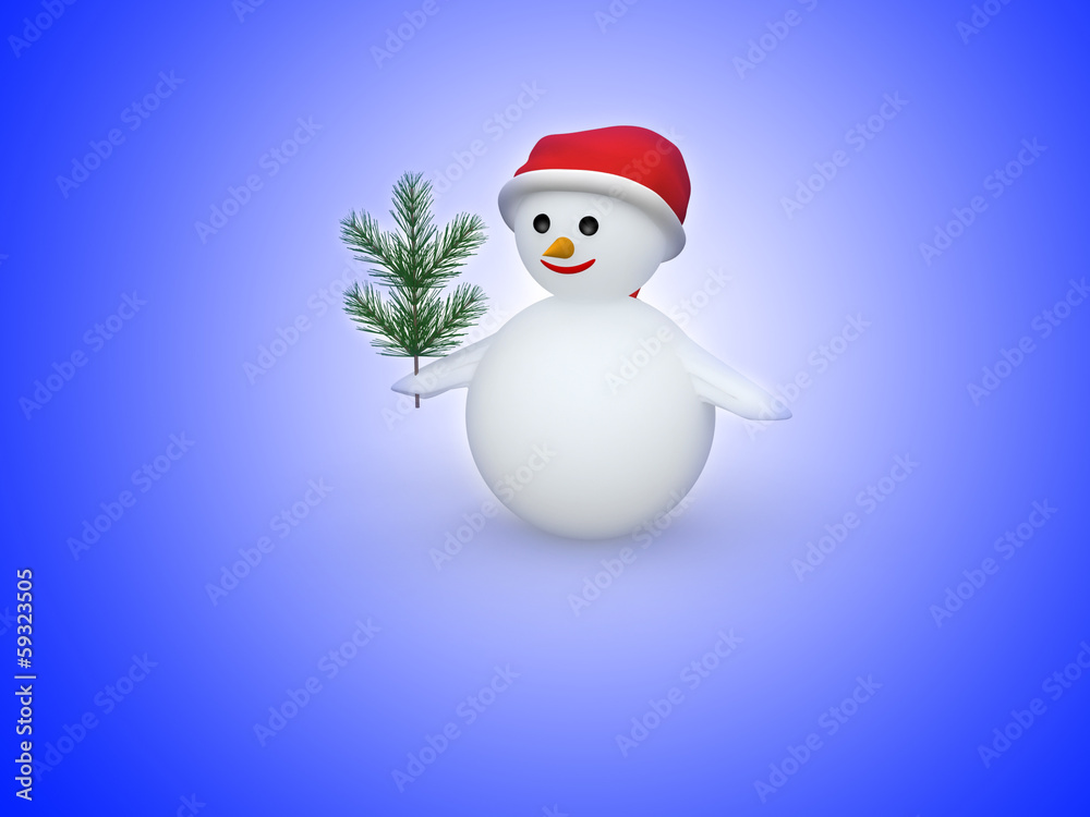 3D snowman with Santa Claus hat and pine branch