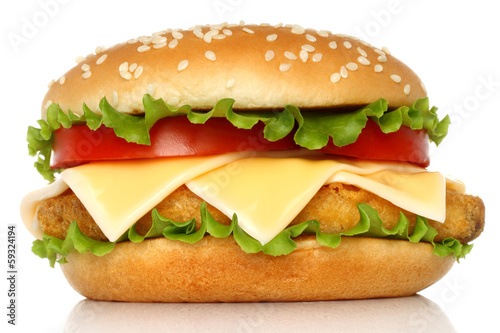 Big chicken hamburger on white background .
