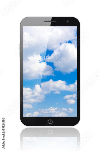 Smart phone with blue sky on white background.